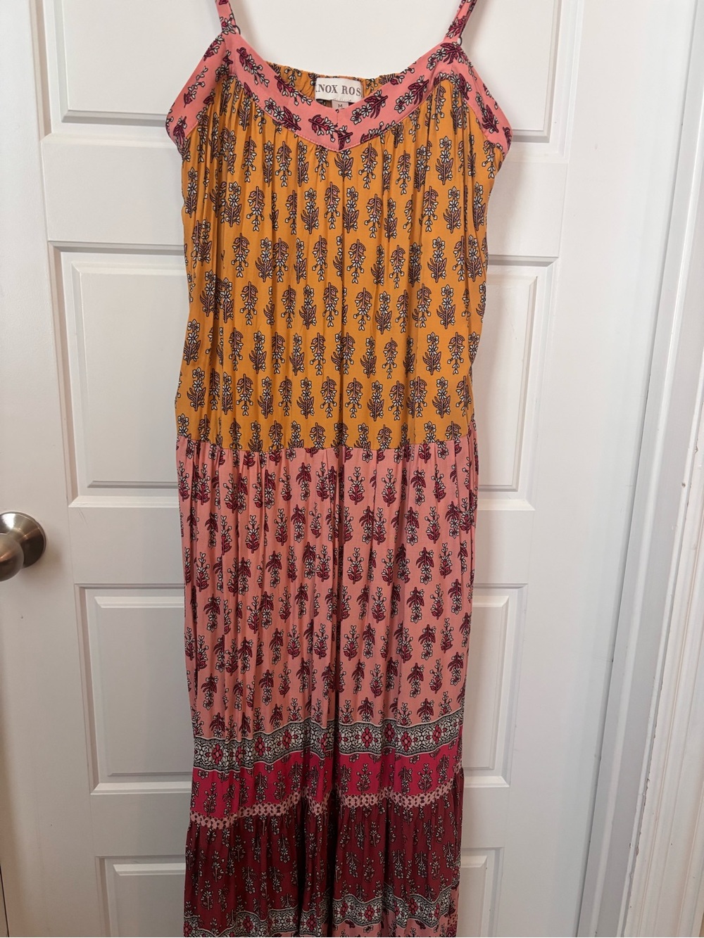 Knox Rose Pink and Mustard Boho Tiered Maxi Dress Medium